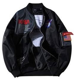 SSRSH Jacke Herren NASA MA-1 Militär Bomberjacke Langarm Frühling-Sommer Mantel Regenjacke Windbreaker Coole Jacke Streetwear mit Reißverschluss Fliegerjacke (Small, Schwarz) von SSRSH