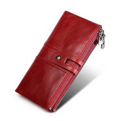 SSWERWEQ Geldbeutel Damen Leder Frauen Geldbörsen Tasche Weibliche Vintage Lange Kupplung Telefon Brieftasche Damen Große Geld Handgelenk Geldbörse (Color : Red) von SSWERWEQ