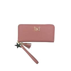 SSWERWEQ Geldbeutel Damen Mode Geldbörsen für Frauen Schmetterling Lange Brieftasche Pu. Massivfarbe Reißverschluss Kupplungsbeutel Dame Bequemer Münzbörse (Color : Pink) von SSWERWEQ