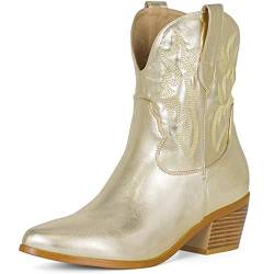 STALOV Bestickte Cowboy-Stiefeletten für Damen, spitze Zehenpartie, klobiger Absatz, Western-Cowgirl-Stiefel, mittlere Wade, metallische kurze Stiefel, gold, 39 EU von STALOV