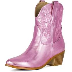 STALOV Bestickte Cowboy-Stiefeletten für Damen, spitze Zehenpartie, klobiger Absatz, Western-Cowgirl-Stiefel, mittlere Wade, metallische kurze Stiefel, rose, 39 EU von STALOV