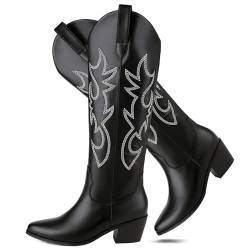 STALOV Cowboystiefel für Damen, Westernstiefel, spitzer Zehenbereich, klobiger Absatz, kniehoch, modisch, bestickt, hohe Stiefel, Schwarz, 44 EU von STALOV
