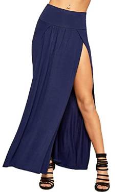 STAR FASHION Damen Doppel-geteilter Maxi-langer Rock, einfarbig, zweiseitiger Schlitz, hohe Taille, dehnbar, lange Sommerparty-Röcke, Größen 36-50, marineblau, 42-44 von STAR FASHION