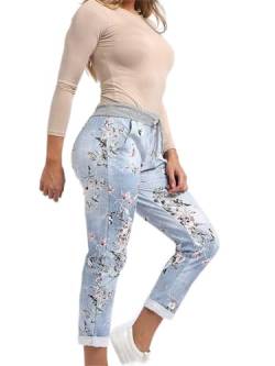 STAR FASHION Damen-Jogginghose mit elastischer Taille, aktiv, Blumenmuster, Jogginghose, Turn-Up-Damen, lässig, Größe 36-50, blau, 42-44 von STAR FASHION