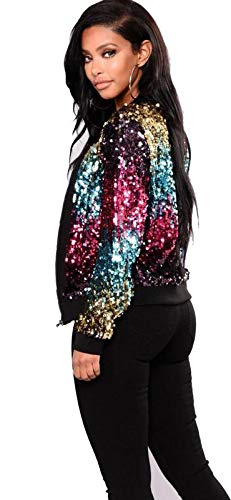 STAR FASHION Ladies Women Sequin Glitter Jacket Multicolor Metallic Sparkly Blazer Long Sleeve Zip Up Cardigan Open Front Coat Summer Festival Party Bomber Jackets Size 34-52 von STAR FASHION