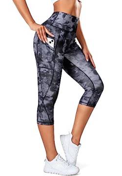 STARBILD Damen Leggings 3/4 mit Taschen, Capri Blickdicht Yogahose High Waist, Sport Hosen Workout Gymnastik, K9900-mit Taschen-Batikdruck XS von STARBILD