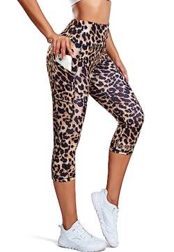 STARBILD Damen Leggings 3/4 mit Taschen, Capri Blickdicht Yogahose High Waist, Sport Hosen Workout Gymnastik, K9900-mit Taschen-Leopardenmuster M von STARBILD