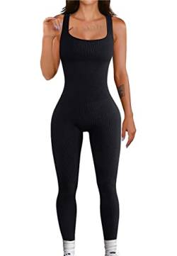 STARBILD Damen Sport Jumpsuit Rückenfrei Push Up, Yoga Bodysuit Eng Gerippte Strick Overall Leggings, Playsuits Strampler Hosenanzug Trainingsanzug, K9600-Schwarz L von STARBILD