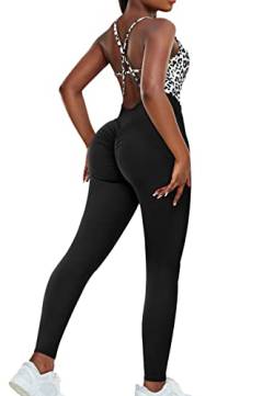 STARBILD Damen Sport Jumpsuit Rückenfrei Push Up, Yoga Bodysuit Honeycomb Overall Leggings, Playsuits Strampler Hosenanzug Trainingsanzug, L8750-schwarz M von STARBILD
