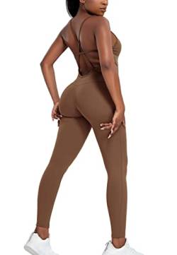 STARBILD Damen Sport Jumpsuit Rückenfrei Push Up, Yoga Bodysuit Honeycomb Overall Leggings, Playsuits Strampler Hosenanzug Trainingsanzug, M4180-Kaffee L von STARBILD