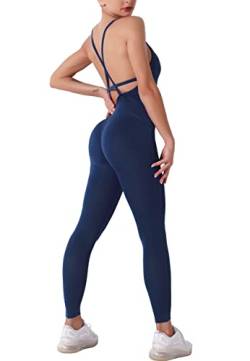 STARBILD Damen Sport Jumpsuit Rückenfrei Push Up, Yoga Bodysuit Honeycomb Overall Leggings, Playsuits Strampler Hosenanzug Trainingsanzug, M4180-blau M von STARBILD