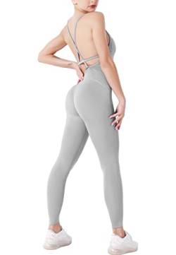 STARBILD Damen Sport Jumpsuit Rückenfrei Push Up, Yoga Bodysuit Honeycomb Overall Leggings, Playsuits Strampler Hosenanzug Trainingsanzug, M4180-grau XL von STARBILD
