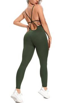 STARBILD Damen Sport Jumpsuit Rückenfrei Push Up, Yoga Bodysuit Honeycomb Overall Leggings, Playsuits Strampler Hosenanzug Trainingsanzug, M4180-grün S von STARBILD