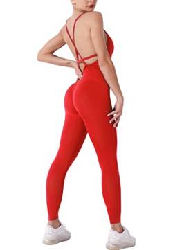 STARBILD Damen Sport Jumpsuit Rückenfrei Push Up, Yoga Bodysuit Honeycomb Overall Leggings, Playsuits Strampler Hosenanzug Trainingsanzug, M4180-rot M von STARBILD