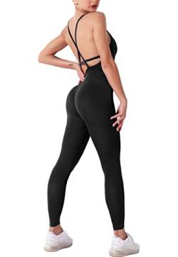 STARBILD Damen Sport Jumpsuit Rückenfrei Push Up, Yoga Bodysuit Honeycomb Overall Leggings, Playsuits Strampler Hosenanzug Trainingsanzug, M4180-schwarz XS von STARBILD