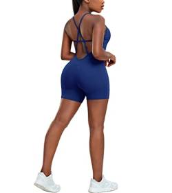 STARBILD Damen Sport Jumpsuit Rückenfrei Push Up, Yoga Bodysuit Honeycomb Overall Leggings, Playsuits Strampler Hosenanzug Trainingsanzug, M6430-blau M von STARBILD