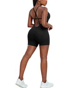 STARBILD Damen Sport Jumpsuit Rückenfrei Push Up, Yoga Bodysuit Honeycomb Overall Leggings, Playsuits Strampler Hosenanzug Trainingsanzug, M6430-schwarz L von STARBILD