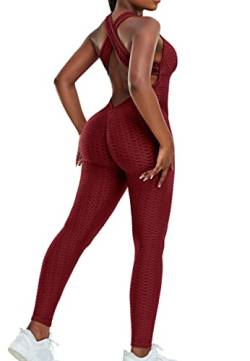 STARBILD Damen Sport Jumpsuit Rückenfrei Push Up, Yoga Bodysuit Honeycomb Overall Leggings, Playsuits Strampler Hosenanzug Trainingsanzug, N1370-burgundisch XL von STARBILD