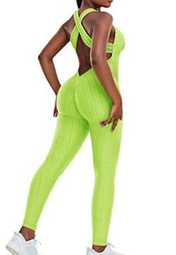 STARBILD Damen Sport Jumpsuit Rückenfrei Push Up, Yoga Bodysuit Honeycomb Overall Leggings, Playsuits Strampler Hosenanzug Trainingsanzug, N1370-gelb XL von STARBILD