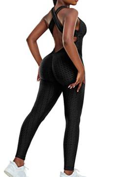 STARBILD Damen Sport Jumpsuit Rückenfrei Push Up, Yoga Bodysuit Honeycomb Overall Leggings, Playsuits Strampler Hosenanzug Trainingsanzug, N1370-schwarz S von STARBILD