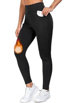 STARBILD Damen Sport Leggings Gefütterte Winter mit Taschen, Thermoleggins Mit Rocker-Vlies High Waist, Hose Warm Lang Fleece Yogahose Laufhose, E9930-Schwarz M von STARBILD