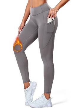 STARBILD Damen Sport Leggings Gefütterte Winter mit Taschen, Thermoleggins Mit Rocker-Vlies Mittlerer Bund, Hose Warm Lang Fleece Yogahose Laufhose, E9870-Grau XL von STARBILD