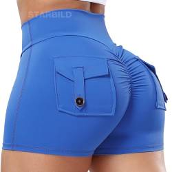 STARBILD Damen Sport Shorts Cargo Scrunch Butt, High Waist Leggings Kurze Push Up, Sommer Workout Hotpants für Gym Fitness Yoga, Cargo - Dunkelblau L von STARBILD