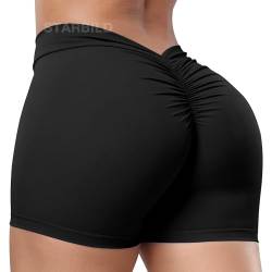 STARBILD Damen Sport Shorts V Rücken Scrunch Butt, High Waist Leggings Kurze Push Up, Sommer Workout Hotpants für Gym Fitness Yoga, V Back - Schwarz M von STARBILD