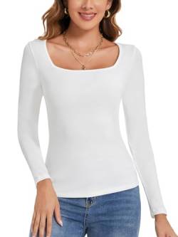 STARBILD Langarmshirt Damen Slim Fit Basic Oberteile Casual Shirt Einfarbig Pullover Tunika Langrm Top Eckiger Ausschnitt Weiß XL von STARBILD