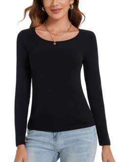 STARBILD Langarmshirt Damen Slim Fit Basic Oberteile Casual Shirt Einfarbig Pullover Tunika Langrm Top Scoop-Ausschnitt Schwarz L von STARBILD