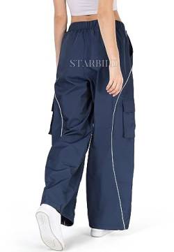 STARBILD Parachute Hose Vintage Baggy Y2K mit Elastischen Knöcheln, Hosen Cargo Multi Taschen Relaxed-Fit Weites Bein, Streetwear Elastische Taille Parachute Pants, Y2K Blau L von STARBILD