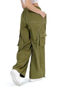 STARBILD Parachute Hose Vintage Baggy Y2K mit Elastischen Knöcheln, Hosen Cargo Multi Taschen Relaxed-Fit Weites Bein, Streetwear Elastische Taille Parachute Pants, Y2K Grün M von STARBILD