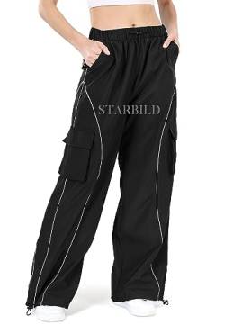 STARBILD Parachute Hose Vintage Baggy Y2K mit Elastischen Knöcheln, Hosen Cargo Multi Taschen Relaxed-Fit Weites Bein, Streetwear Elastische Taille Parachute Pants, Y2K Schwarz L von STARBILD