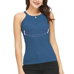 STARBILD Women's Halterneck Sleeveless Camisole mit integriertem BH Yoga Sport BH Athletic Schlank Ärmelloses Sommeroberteil Ribbed Knit Cami Top Blau L von STARBILD