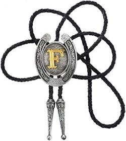 STARBRILLIANT Fashion Cowboy Western Tie Gold Initial A to Z Cowboy Bolo Tie with Silver Grey Horseshoe Pattern Edging (F) von STARBRILLIANT