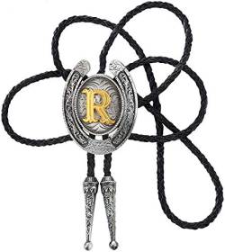 STARBRILLIANT Fashion Cowboy Western Tie Gold Initial A to Z Cowboy Bolo Tie with Silver Grey Horseshoe Pattern Edging (R) von STARBRILLIANT