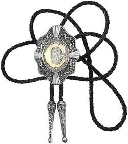 STARBRILLIANT Vintage Western Cowboy Krawatte Golden Initiale A Bis Z Cowboy Bolo Krawatte Mit Gun Black European Retro Muster Rand (C) von STARBRILLIANT