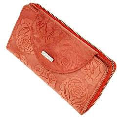 StarHide 5570 Damen Geldbörse mit Rosenprägung und Blumen-Prägung aus echtem Leder im Used-Look, RFID-blockierender Geldbörse für Damen, lange Überschlag mit großer Reißverschlusstasche für Bargeld, M von STARHIDE