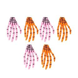 STARNOONTEK 6-teiliges Rosa-orangefarbenes Halloween-Skelett-Hände-Punk-Rock-Knochen-Haarspangen-Set, Dekoratives Handknochen-Haarspangen-Set von STARNOONTEK