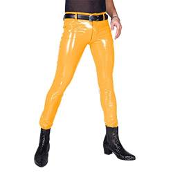 Herren Latex Mid Waist Skinny Hose Casual Street Pants PVC Leder Freizeithose Club Kleidung, Gelb, XXXL von STHEFF