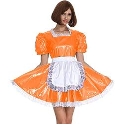 Minikleid Damen Spitzenbesatz Maid Glänzendes PVC Kurzarm Faltenkleid, Orange, 7XL von STHEFF