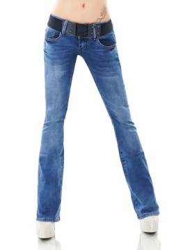 Damen Bootcut Jeans Hose Schlag Schlaghose Denim Stretch Gürtel XS-XL (DE/NL/SE/PL, Alphanumerisch, L, Regular, Regular, W351-Blau) von STIDIA