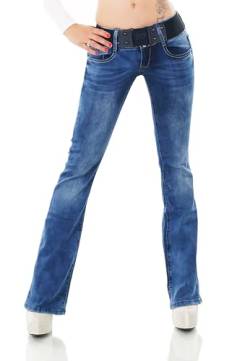 Damen Bootcut Jeans Hose Schlag Schlaghose Denim Stretch Gürtel XS-XL (DE/NL/SE/PL, Alphanumerisch, XL, Regular, Regular, W361-Blau) von STIDIA