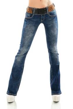 Damen Bootcut Jeans Hose Schlag Schlaghose Denim Stretch Gürtel XS-XL (DE/NL/SE/PL, Alphanumerisch, XS, Regular, Regular, Dunkelblau/382-15) von STIDIA