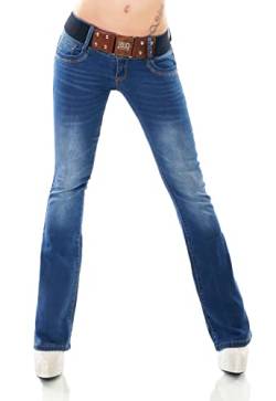 Damen Bootcut Jeans Hose Schlag Schlaghose Denim Stretch Gürtel XS-XL (as3, Alpha, l, Regular, Regular, WT366-Blau) von STIDIA