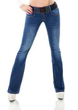 Damen Bootcut Jeans Hose Schlag Schlaghose Denim Stretch Gürtel XS-XL (as3, Alpha, x_l, Regular, Regular, WT367-Blau) von STIDIA