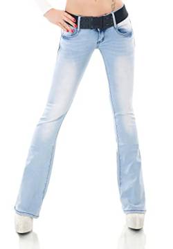 Damen Bootcut Jeans Hose Schlag Schlaghose Denim Stretch Gürtel XS-XL (as3, Alpha, x_l, Regular, Regular, WT368-Hellblau) von STIDIA