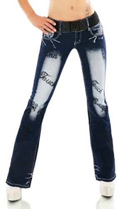 Damen Bootcut Jeans Hose Schlaghose Verschiedene Stickerei Tattoo Drache Strauß Schriftzug inkl. Gürtel XS-XXL (as3, Numeric, Numeric_34, Regular, Regular, WT376-Schwarz, XS/34) von STIDIA