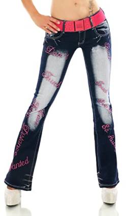 Damen Bootcut Jeans Hose Schlaghose Verschiedene Stickerei Tattoo Drache Strauß Schriftzug inkl. Gürtel XS-XXL (as3, Numeric, Numeric_36, Regular, Regular, WT376-Pink, S/36) von STIDIA