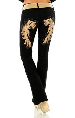 STIDIA Damen Bootcut Jeans Hose Schlaghose Flamme Kunstleder Stickerei Tattoo Gürtel XS-XXL (as3, Alpha, l, Regular, Regular, Schwarz-Gold, Regulär) von STIDIA